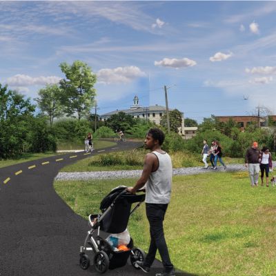 Rendering for proposed Larchmont Library trailhead.